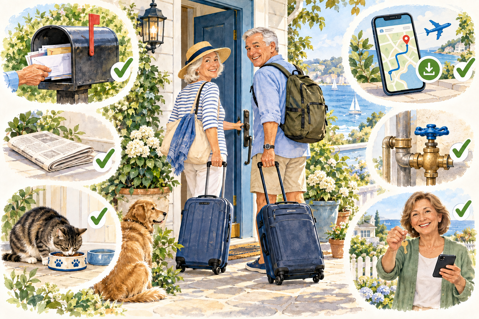 A couple leaving for a trip, surrounded by household preparations